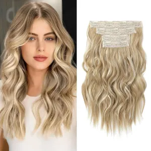 Hair Extensions, 14" Short Clip in Hair Extensions 4PCS Beach Wave Blonde Hair Extensions Natural Soft Synthetic Hairpiece for Women - Honey Blonde with Highlights