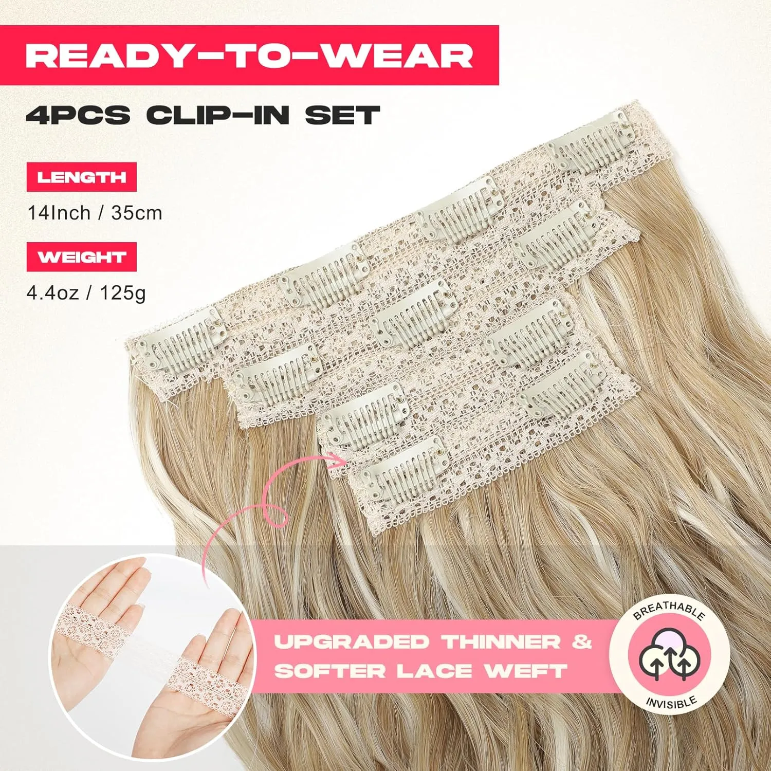 Hair Extensions, 14" Short Clip in Hair Extensions 4PCS Beach Wave Blonde Hair Extensions Natural Soft Synthetic Hairpiece for Women - Honey Blonde with Highlights