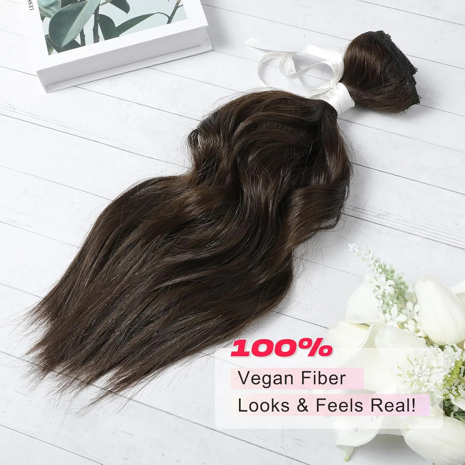 Hair Extensions, 14" Short Clip in Hair Extensions 4PCS Beach Wave Brown Hair Extensions Natural Soft Synthetic Hairpiece for Women - Chocolate Brown