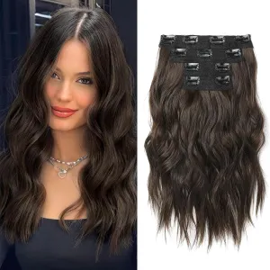 Hair Extensions, 14" Short Clip in Hair Extensions 4PCS Beach Wave Brown Hair Extensions Natural Soft Synthetic Hairpiece for Women - Chocolate Brown