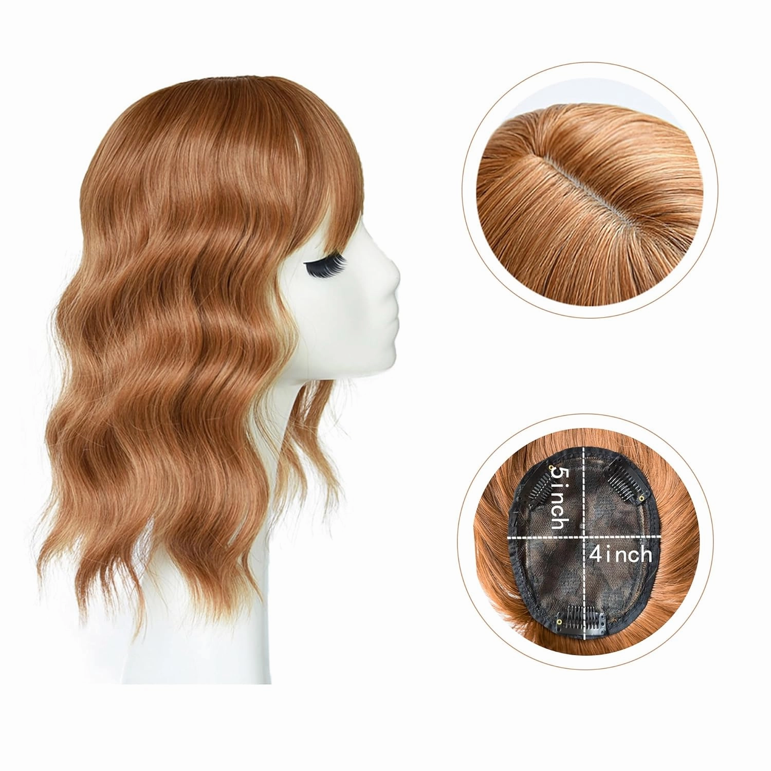 Hair Topper With Bangs Loose Water Wave Hairpiece Clip in Synthetic Hair Topper Synthetic Hair Toupee for Women Girls (18inch, Copper red)