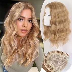 Hair Toppers for Women Long Wavy Hair Toppers Pieces for Women with Thinning Hair Synthetic Hair Pieces Wig Clip In Hair Lace Topper Wiglets with Fringe Bang Add Hair Volume (Gold Blonde)