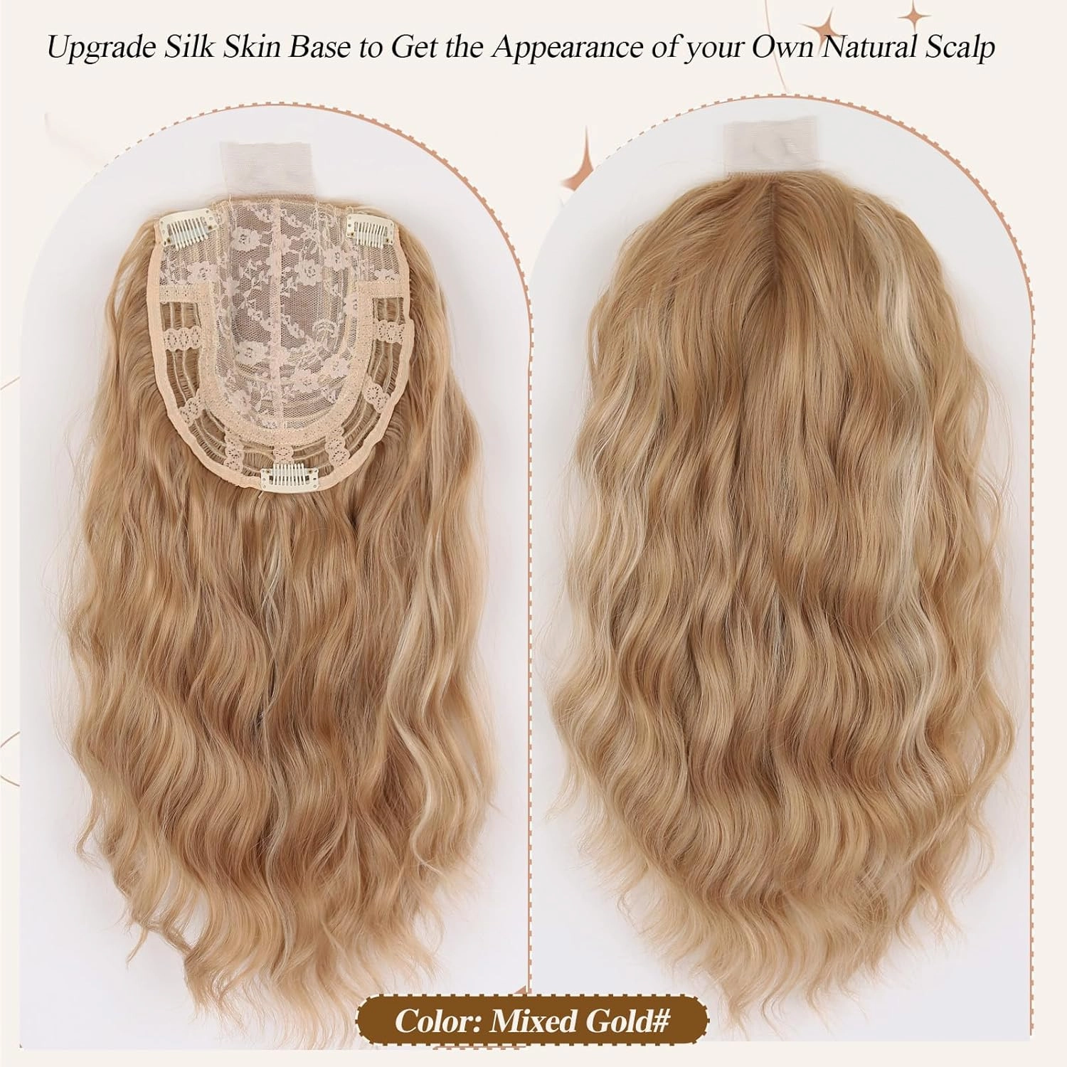 Hair Toppers for Women Long Wavy Hair Toppers Pieces for Women with Thinning Hair Synthetic Hair Pieces Wig Clip In Hair Lace Topper Wiglets with Fringe Bang Add Hair Volume (Gold Blonde)