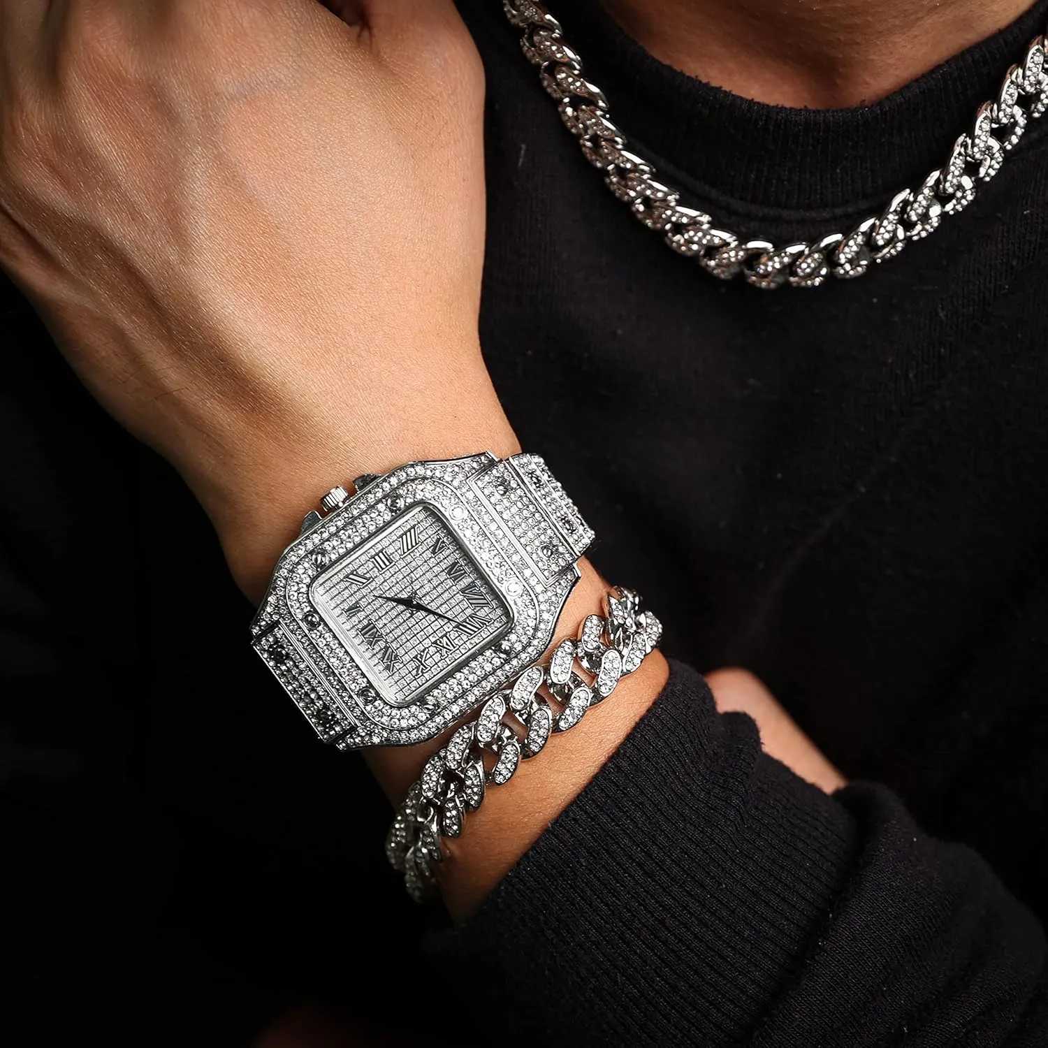 Halukakah Men’s Watch - The King - 18K Gold/Platinum Plated, 40MM Square Dial, Iced Out Wristband, with Cuban Link Chain Necklace and Bracelet Set Optional, Comes in Giftbox