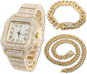 Halukakah Men’s Watch - The King - 18K Gold/Platinum Plated, 40MM Square Dial, Iced Out Wristband, with Cuban Link Chain Necklace and Bracelet Set Optional, Comes in Giftbox