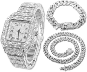 Halukakah Men’s Watch - The King - 18K Gold/Platinum Plated, 40MM Square Dial, Iced Out Wristband, with Cuban Link Chain Necklace and Bracelet Set Optional, Comes in Giftbox