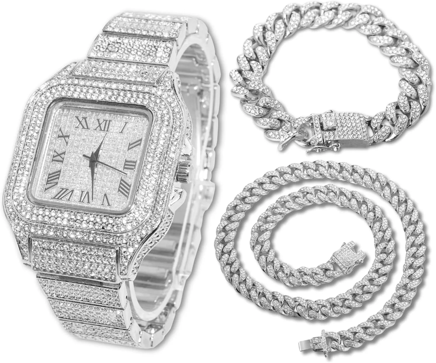 Halukakah Men’s Watch - The King - 18K Gold/Platinum Plated, 40MM Square Dial, Iced Out Wristband, with Cuban Link Chain Necklace and Bracelet Set Optional, Comes in Giftbox