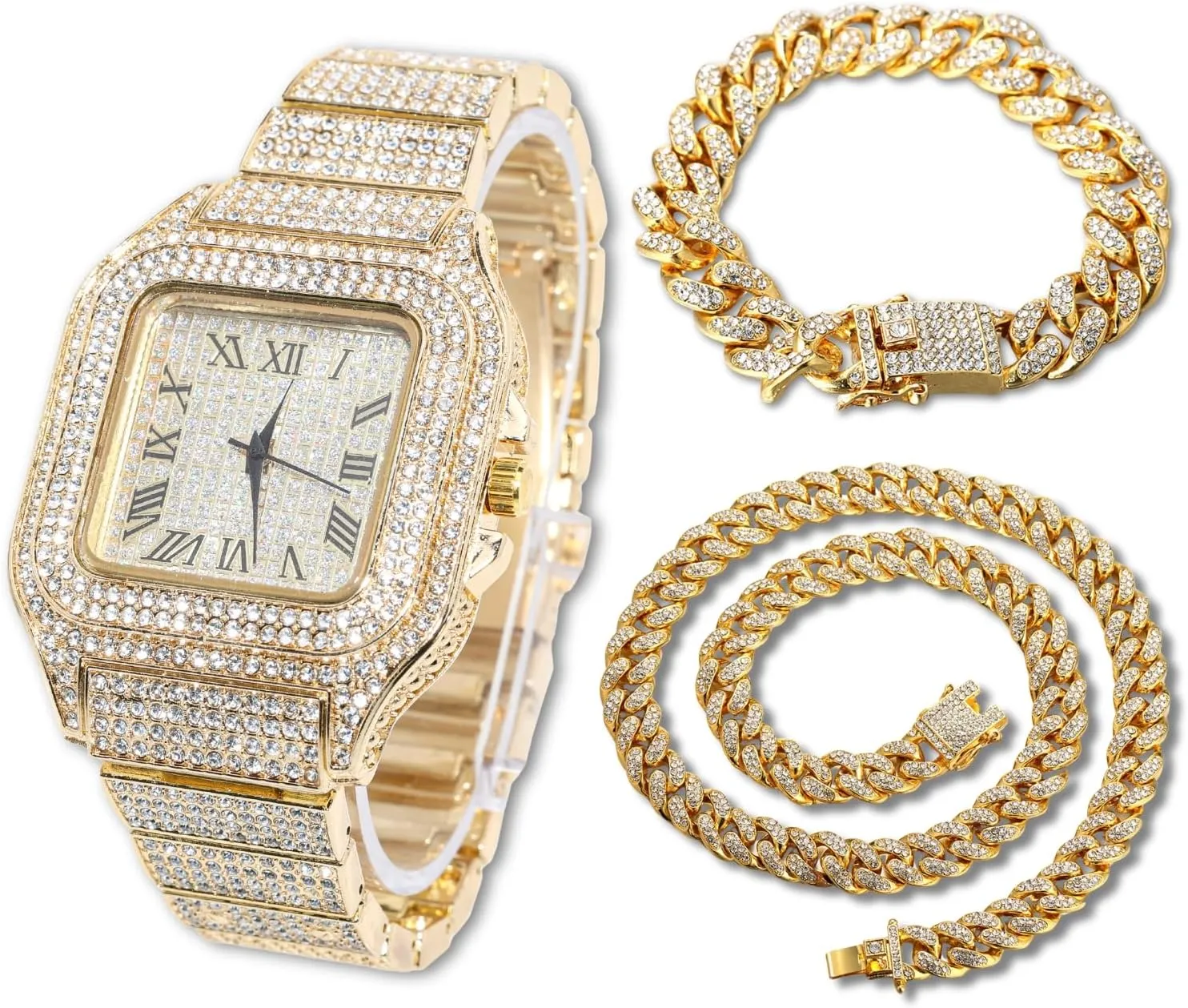 Halukakah Men’s Watch - The King - 18K Gold/Platinum Plated, 40MM Square Dial, Iced Out Wristband, with Cuban Link Chain Necklace and Bracelet Set Optional, Comes in Giftbox
