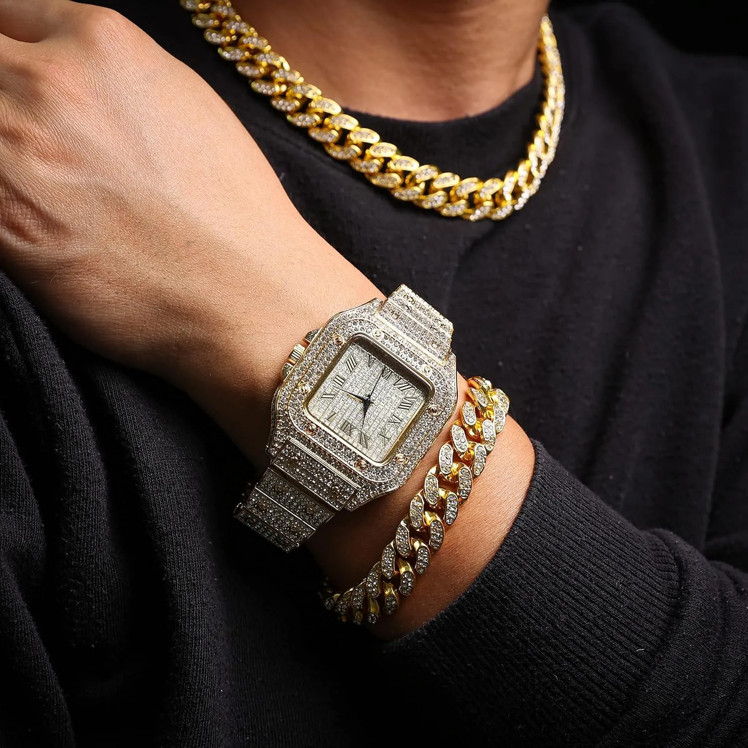 Halukakah Men’s Watch - The King - 18K Gold/Platinum Plated, 40MM Square Dial, Iced Out Wristband, with Cuban Link Chain Necklace and Bracelet Set Optional, Comes in Giftbox
