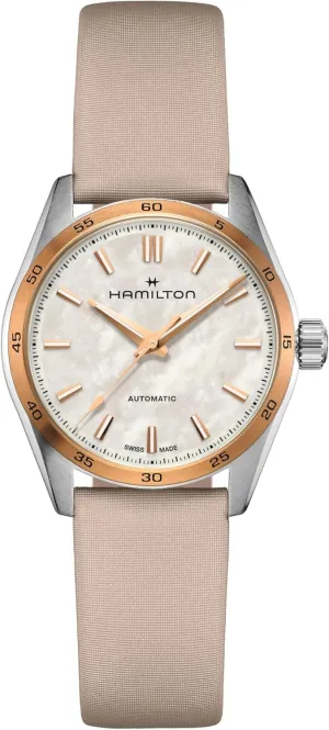 Hamilton Watch Jazzmaster Performer Auto | Swiss Made | 34mm Stainless Steel Case | Mother of Pearl Dial Analog Watch | Beige Satin Strap (Model: H36125890)