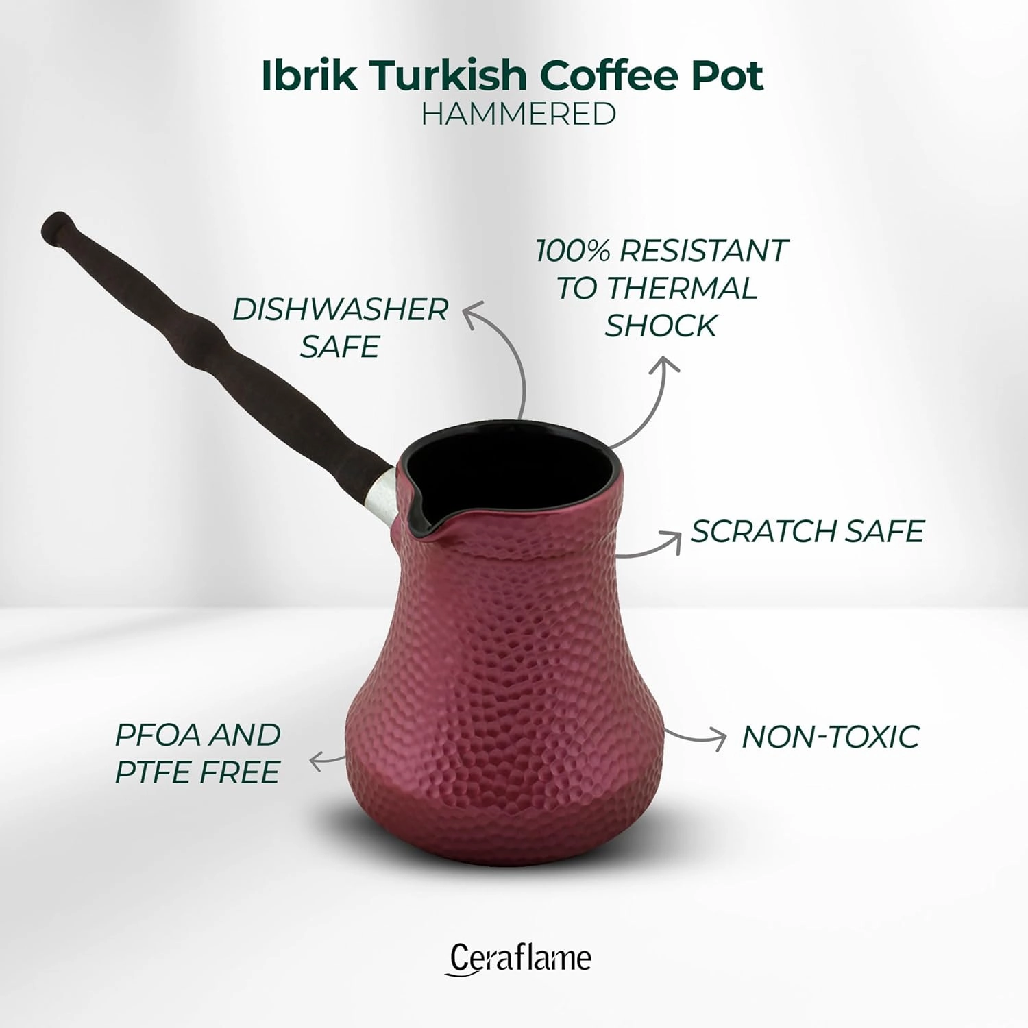 Hammered Ibrik/Cezve Turkish Coffee Pot - Elegant Ceramic Handmade Coffee Maker for Traditional Arabic and Turkish Coffee - 17 Fl Oz - Rose