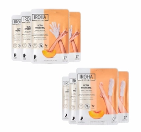 Hand Masks (4 Pairs)   Foot Masks (4 Pairs), both with Peach & Shea Butter - Moisturizing Gloves for Dry, Cracked Hands & Sauna-Effect Foot Masks, Intensive Repair & Hydration - (Total Bundle 8 Pairs)