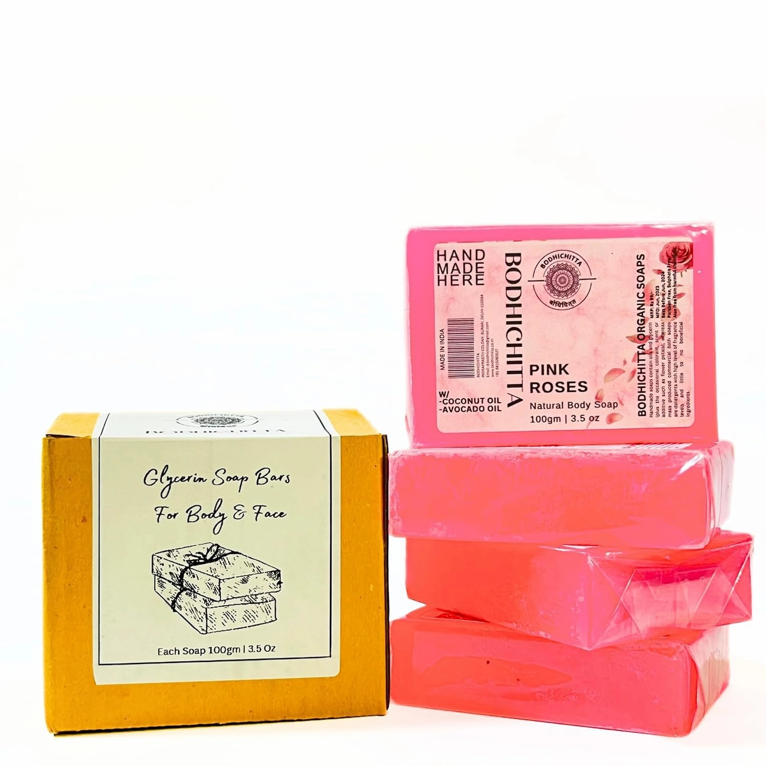 Handcrafted Pink Roses Moisturizing Glycerine Soap Bathing Bar for Body Set of 4 (100gm Each)