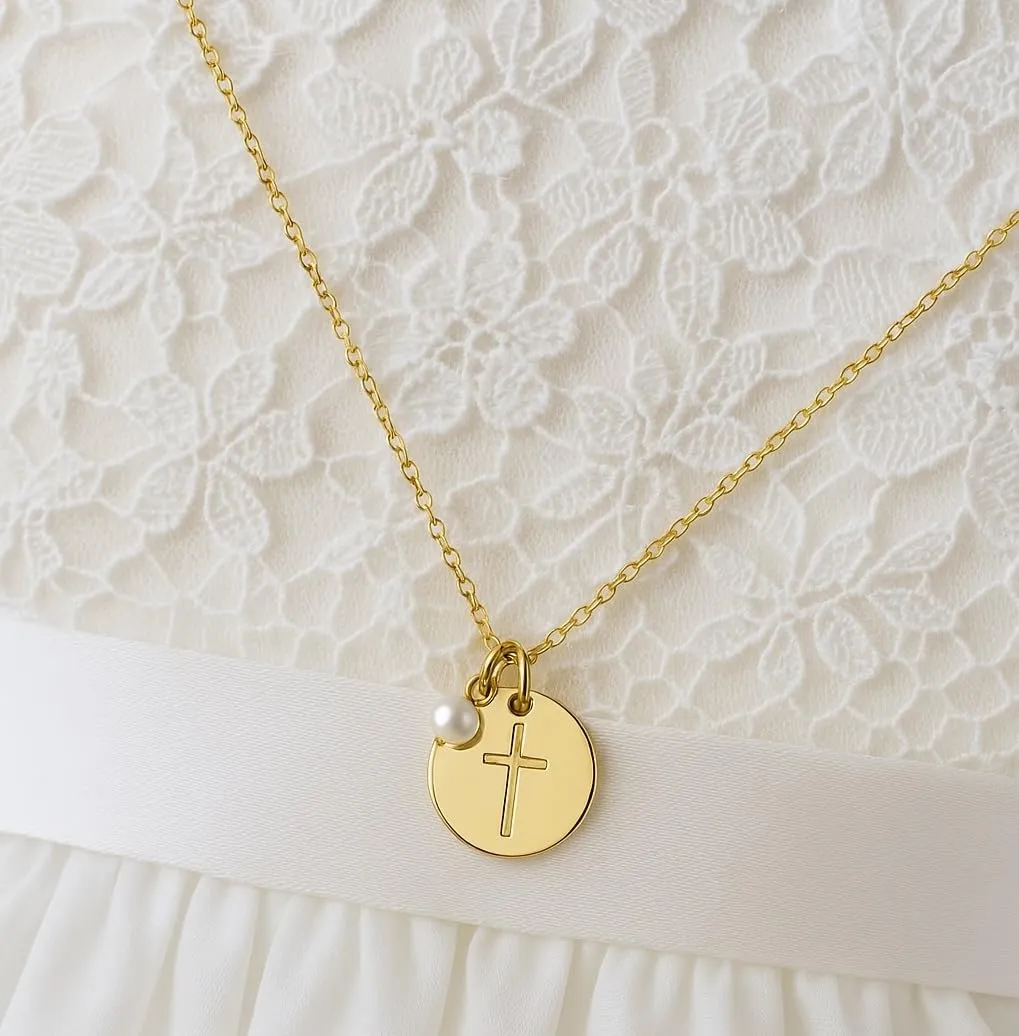 Handmade Gold Cross Necklace, Adjustable 18" to 20", Freshwater Pearl Charm, Religious Jewelry for Women and Girls, Perfect God Daughter Gift for Baptism, Confirmation, First Communion