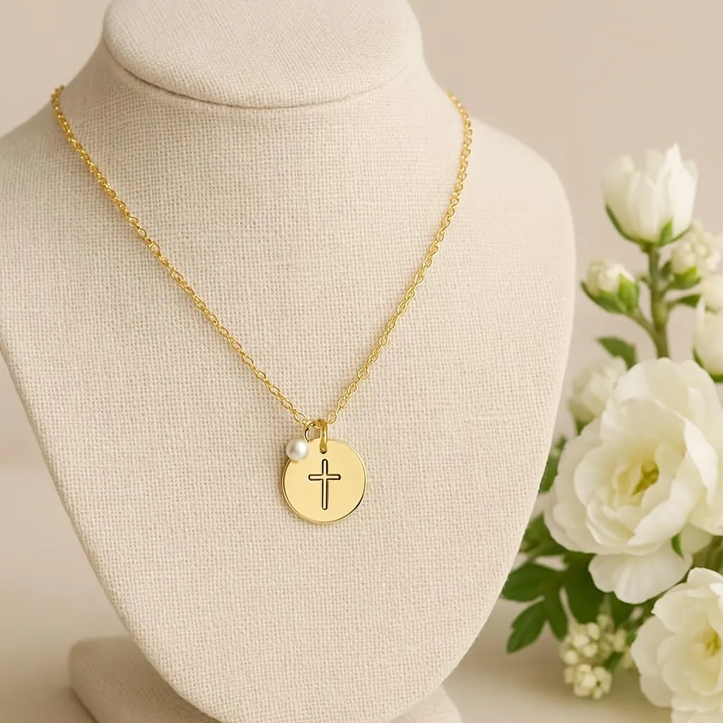 Handmade Gold Cross Necklace, Adjustable 18" to 20", Freshwater Pearl Charm, Religious Jewelry for Women and Girls, Perfect God Daughter Gift for Baptism, Confirmation, First Communion