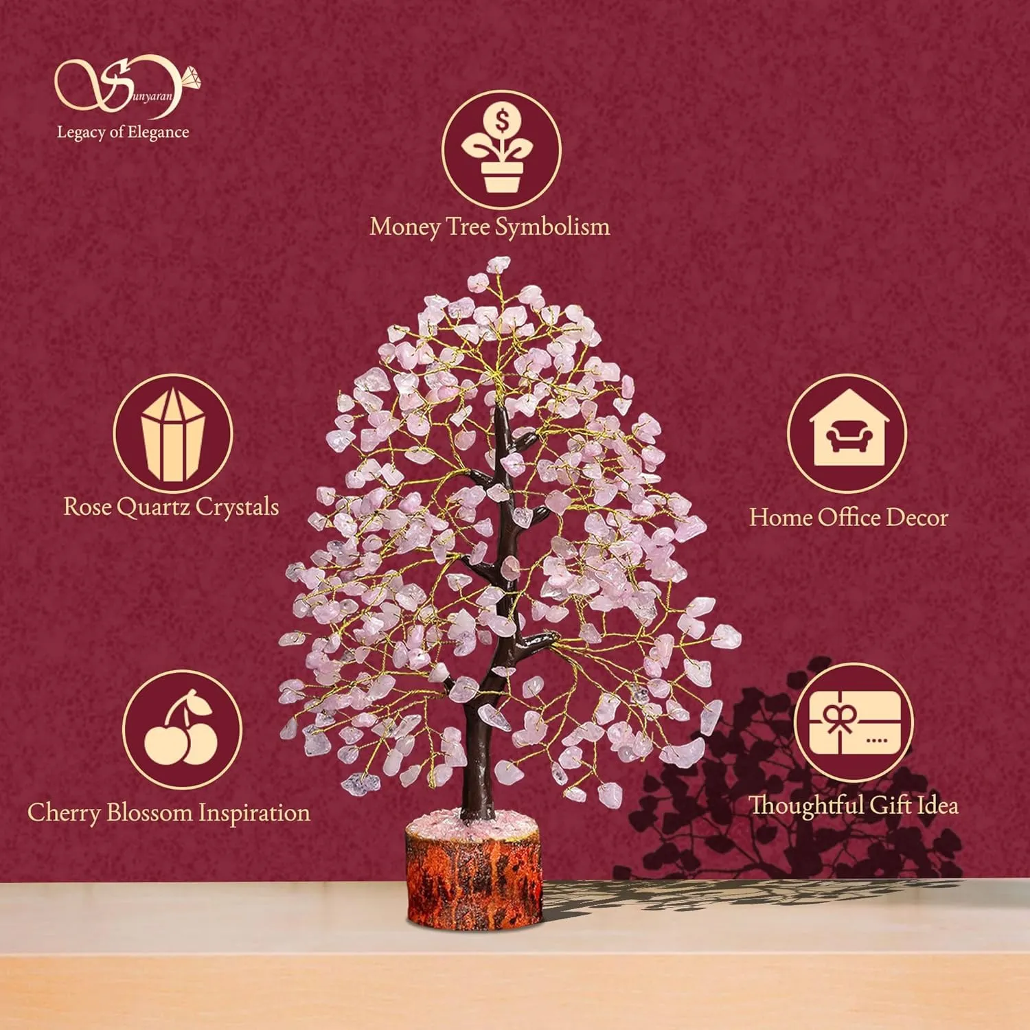 Handmade Rose Quartz Chakra Crystal Tree of Life for Healing, Positive Energy, Money, Good Luck, Home & Living Room Decor, Office Desk Decor, Anniversary Mom Birthday Gifts for Women
