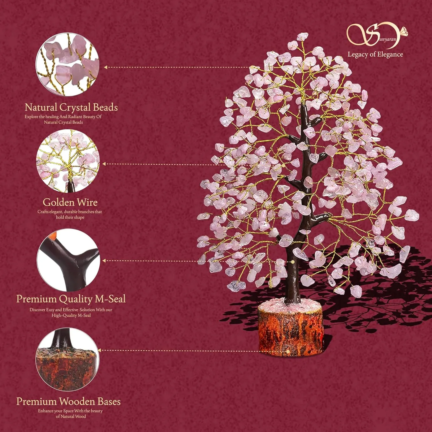 Handmade Rose Quartz Chakra Crystal Tree of Life for Healing, Positive Energy, Money, Good Luck, Home & Living Room Decor, Office Desk Decor, Anniversary Mom Birthday Gifts for Women