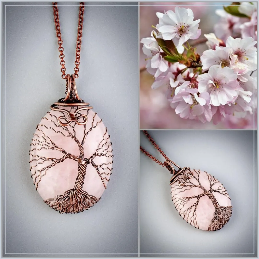 Handmade tree of life rose quartz pendant necklace - Unique copper jewelry for women anniversary present Birthday gift ideas for her Romantic gifts for wife mom girlfriend sister grandma mother aunt