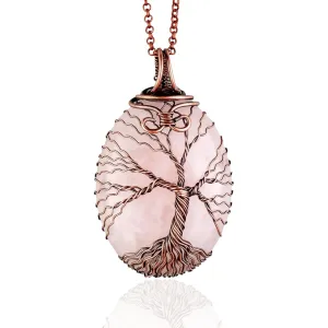 Handmade tree of life rose quartz pendant necklace - Unique copper jewelry for women anniversary present Birthday gift ideas for her Romantic gifts for wife mom girlfriend sister grandma mother aunt