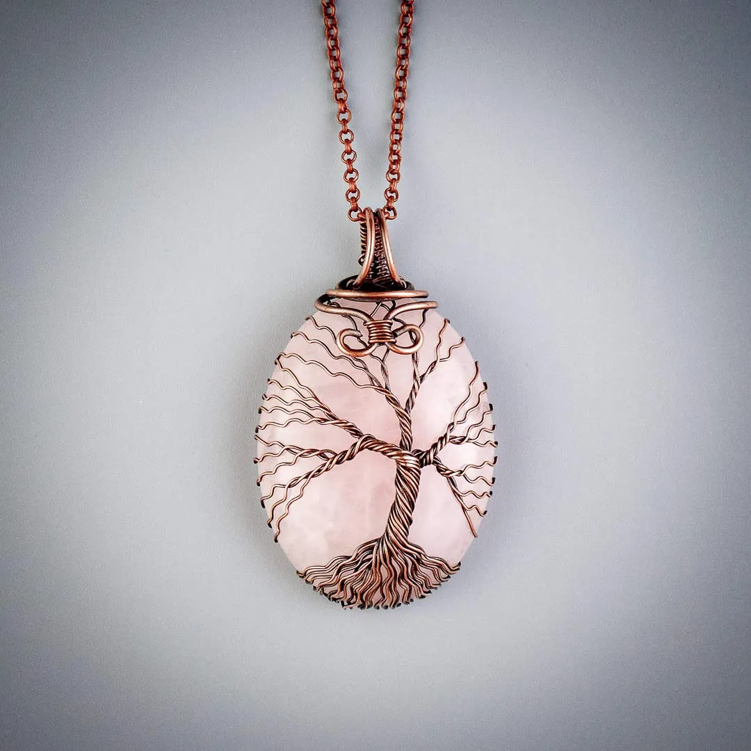 Handmade tree of life rose quartz pendant necklace - Unique copper jewelry for women anniversary present Birthday gift ideas for her Romantic gifts for wife mom girlfriend sister grandma mother aunt