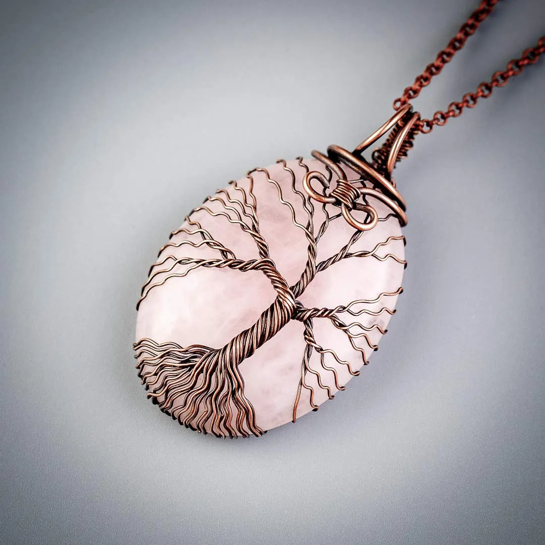 Handmade tree of life rose quartz pendant necklace - Unique copper jewelry for women anniversary present Birthday gift ideas for her Romantic gifts for wife mom girlfriend sister grandma mother aunt