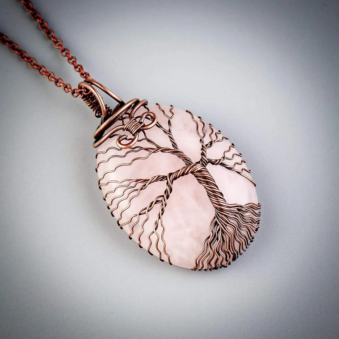 Handmade tree of life rose quartz pendant necklace - Unique copper jewelry for women anniversary present Birthday gift ideas for her Romantic gifts for wife mom girlfriend sister grandma mother aunt
