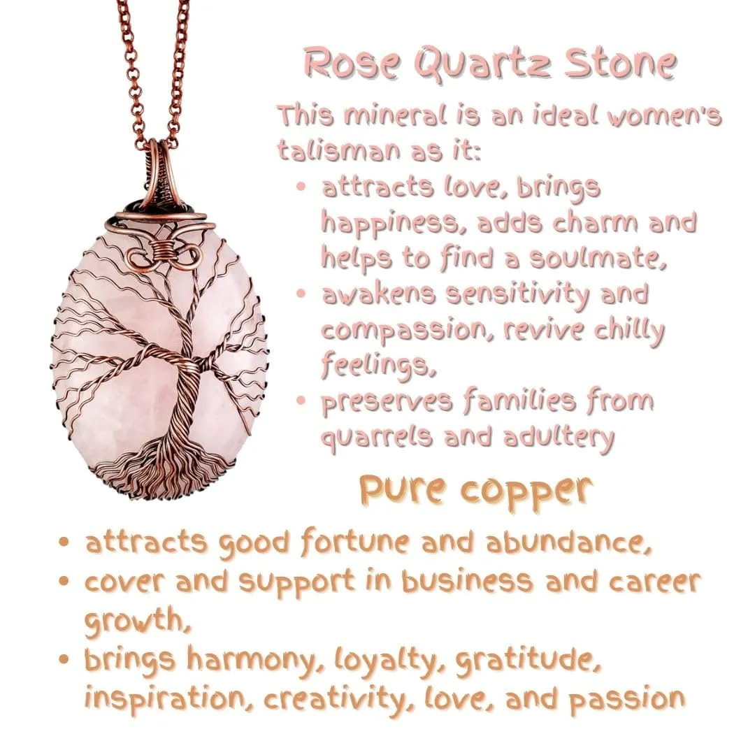 Handmade tree of life rose quartz pendant necklace - Unique copper jewelry for women anniversary present Birthday gift ideas for her Romantic gifts for wife mom girlfriend sister grandma mother aunt