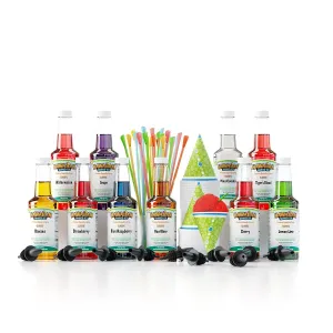 Hawaiian Shaved Ice Syrup Assortment with 10 - 16oz Bottles, 50 Snow Cone Cups, 50 Spoon Straws, and 10 Pouring Spouts. Flavors include: Tiger’s Blood, Pina Colada, Blue Raspberry, Cherry, Lemon-Lime