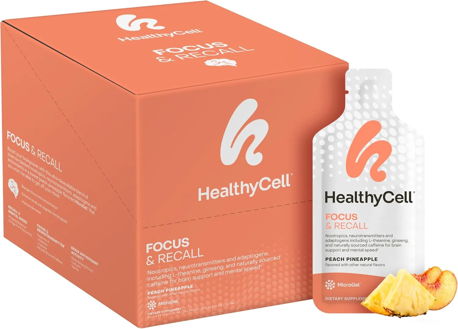 Healthycell Focus & Recall, Daily Liquid Brain Supplement for Focus & Memory - Nootropics Supplement for Concentration & Alertness with L-Theanine, Omega-3 & Taurine - 30 Gel Packs