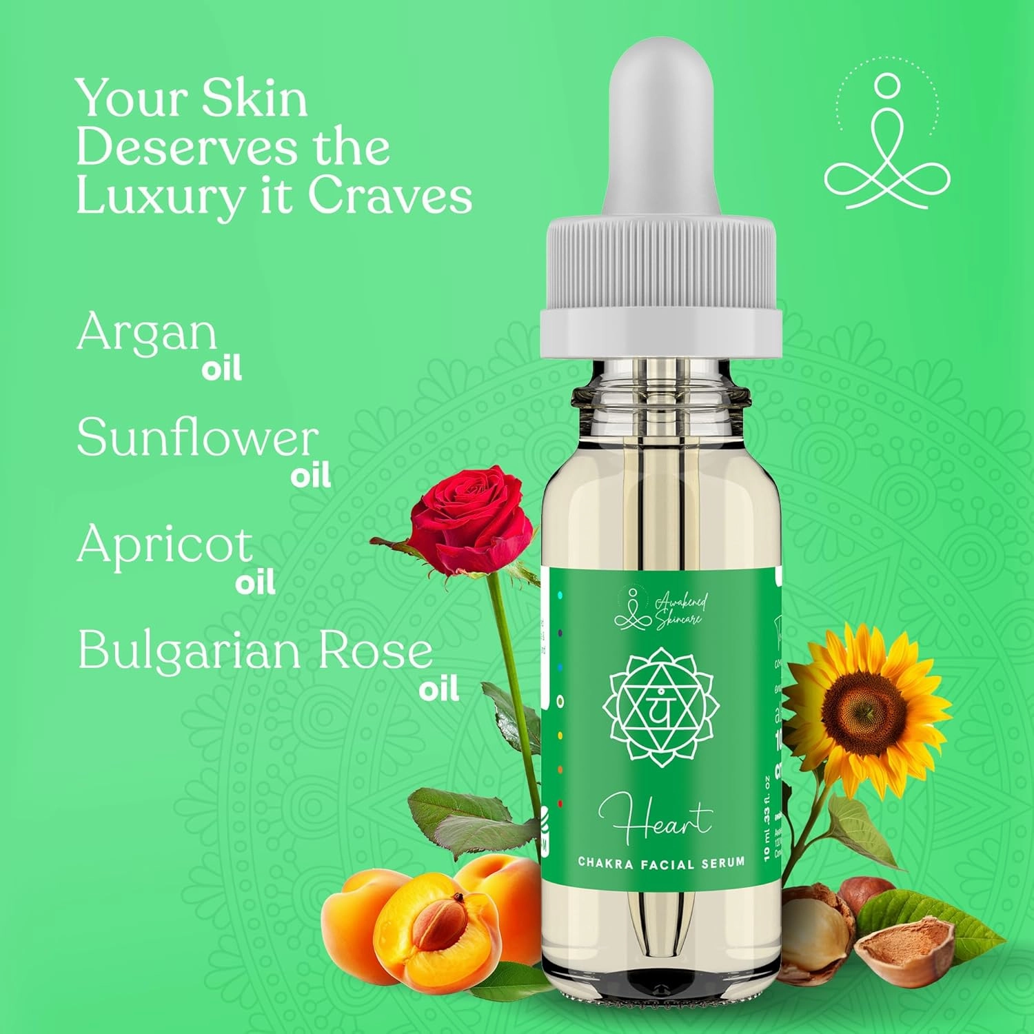 Heart Chakra Facial Serum Essential Oil Blend, Natural & Organic Moisturizing Serum for Face with Sunflower, Argan, Apricot, Rosemary, Lavender Oils for Spiritual Journey, Peace, Deeper Connection