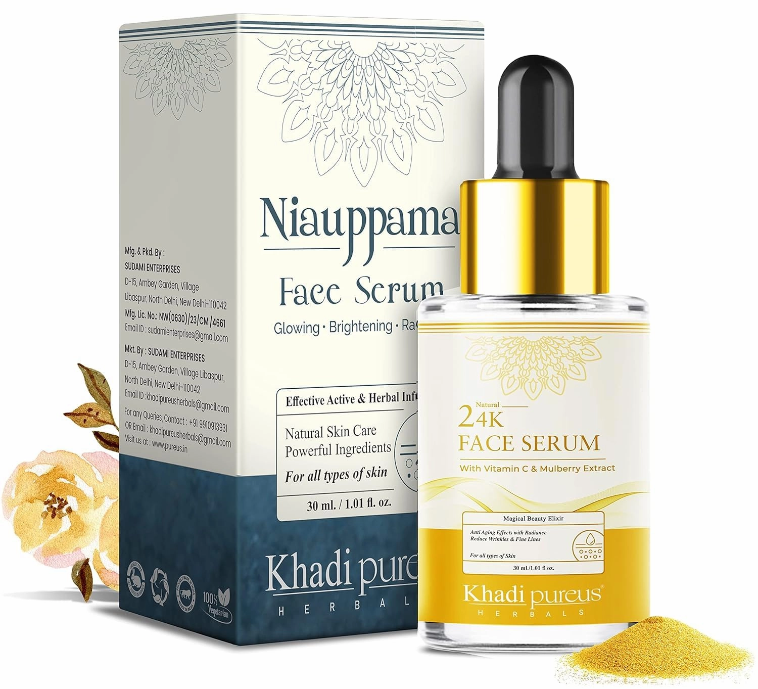 Herbals Niauppama 24K Gold Face Serum for Radiant Youthful Glowing Skin with Vitmain C & Niacinamide for Collage Booster | Face Serum for Brightening & Wrinkles | Women & Men (30 ML)
