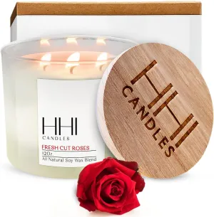 HHI Rose Scented All-Natural Soy Candle | Fresh Cut Roses | Large 12 Ounce 3 Wick | Long Burn time | Includes Bamboo Lid and Gift Box