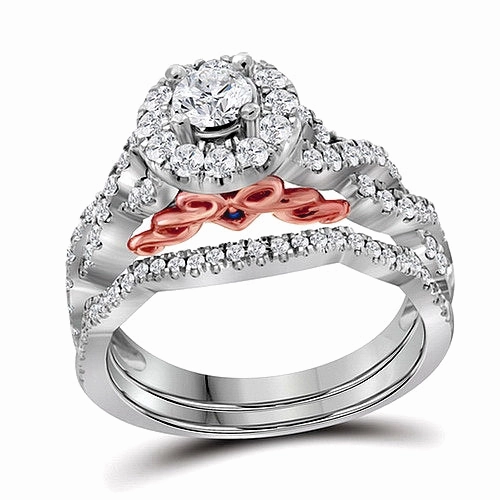 Hidden Blush Diamond Bridal Set, 1 carat total Diamond weight, 14k White and Rose Gold