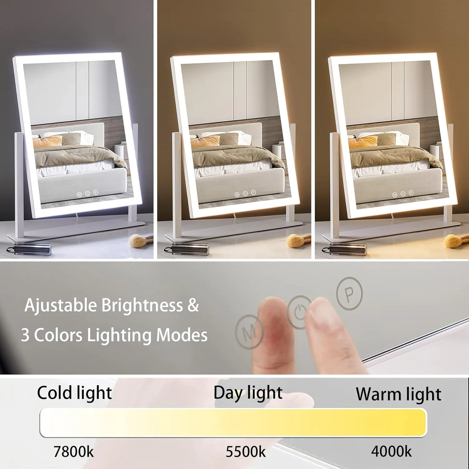 HIEEY Lighted Makeup Mirror, Hollywood Vanity Mirror with Lights, Three Color Lighting Modes, and 5X Magnification Mirror, Smart Touch Control, 360°Rotation (17.3in,White,Gift Box)