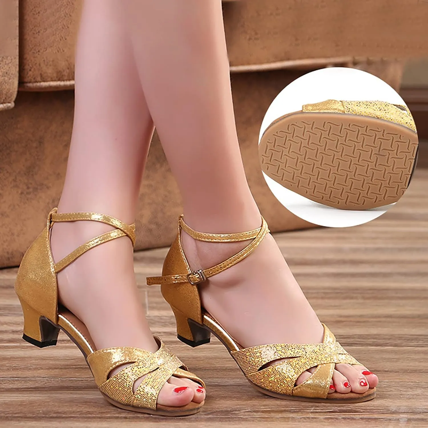 High for Women Latin Dance Open Toe Heels with Ankle Strap Satin Ballroom Practice Performance Shoes