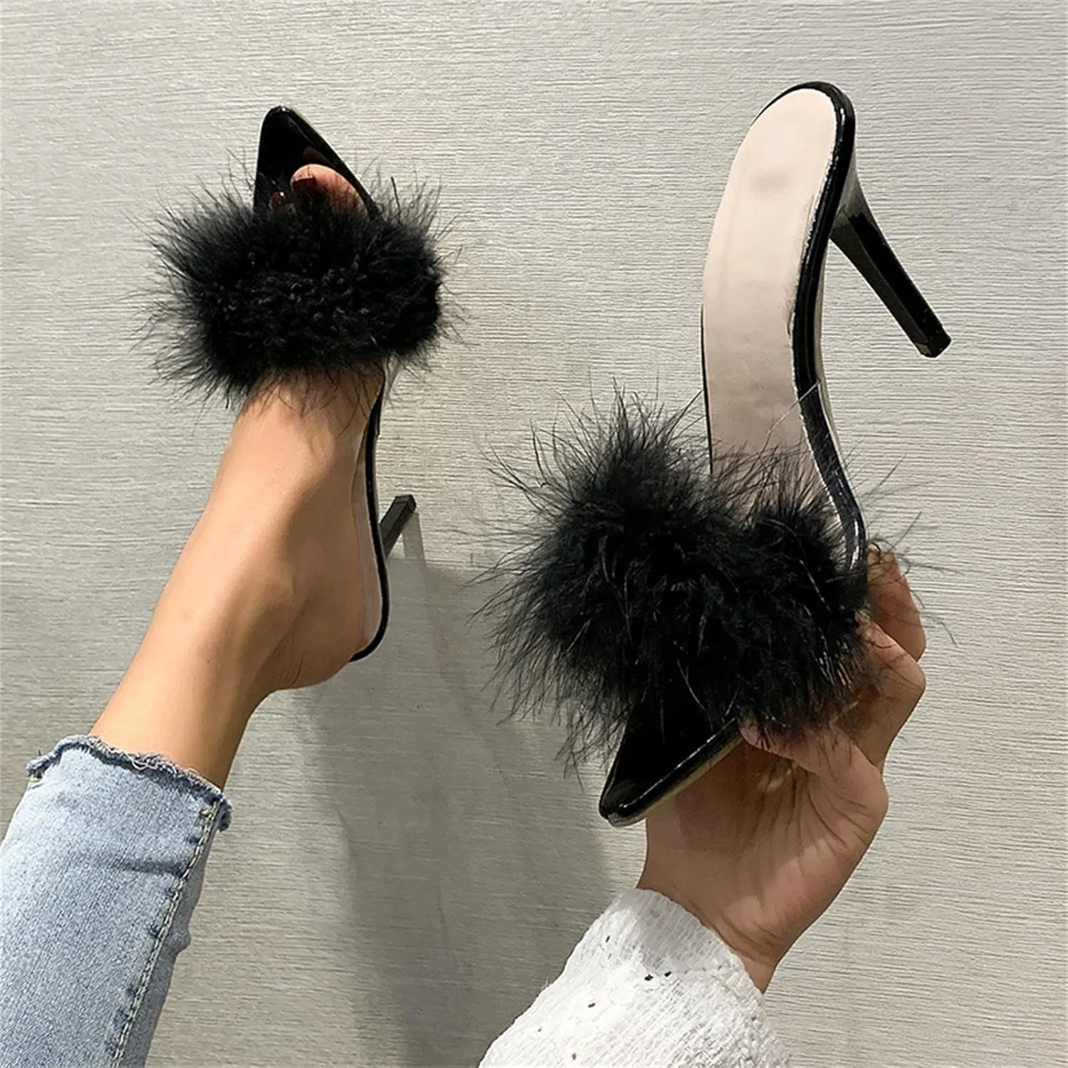 High Heels for Women Round Toe Heels Sandal Feather Slippers Heeled Slippers Stiletto Heels Bridal Shoes