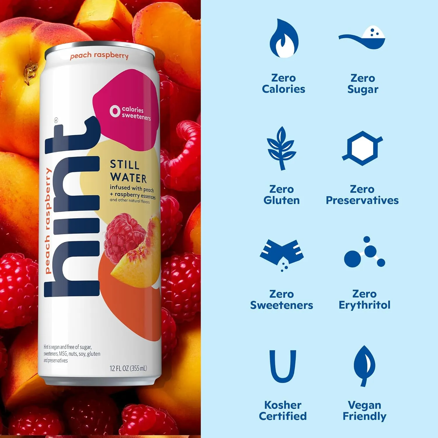 Hint Canned Water, Peach Raspberry - Purified Flavored Water with Zero Calories, Natural Flavors, and Sugar Free - 12 Fl Oz Cans (Pack of 12)