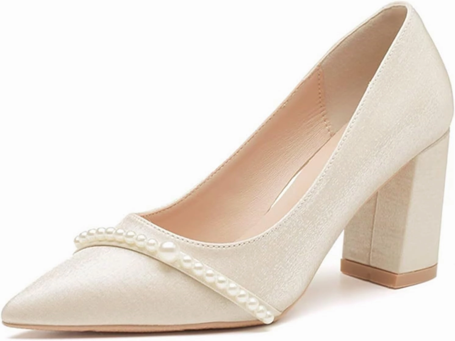 HNVAVQ Women's Pumps Chunky Heels Closed Pointed Toe Wedding Party Dress Shoes for Bride with Pearls,5/7cm Bridal Evening Party Court Shoes,Low Mid Heel,Beige