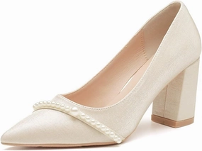 HNVAVQ Women's Pumps Chunky Heels Closed Pointed Toe Wedding Party Dress Shoes for Bride with Pearls,5/7cm Bridal Evening Party Court Shoes,Low Mid Heel,Beige