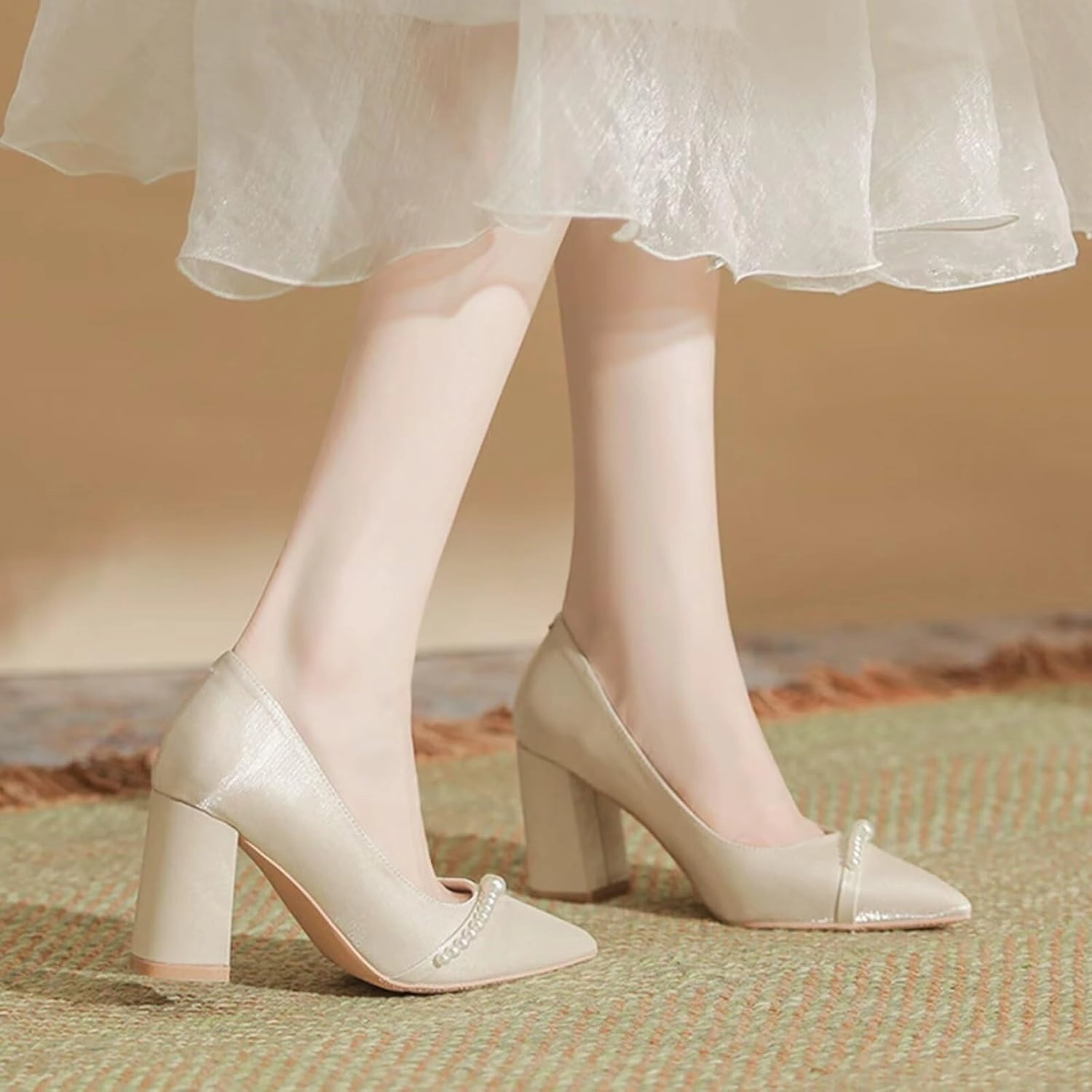 HNVAVQ Women's Pumps Chunky Heels Closed Pointed Toe Wedding Party Dress Shoes for Bride with Pearls,5/7cm Bridal Evening Party Court Shoes,Low Mid Heel,Beige