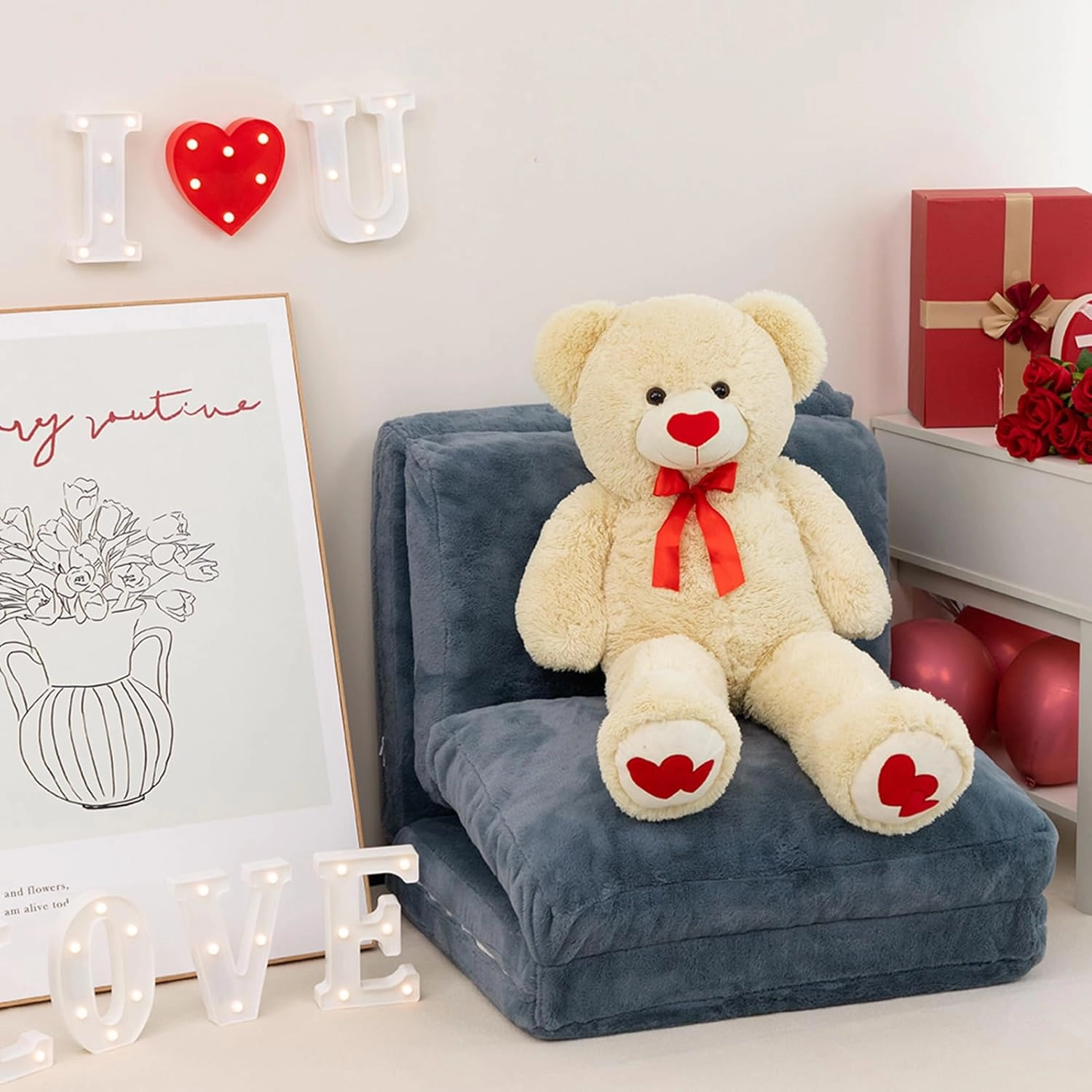 HollyHOME Big Teddy Bear Stuffed Animal Large Bear Plush with Red Heart for Girlfriend and Kids Holiday Toy Gift 36 inch Beige