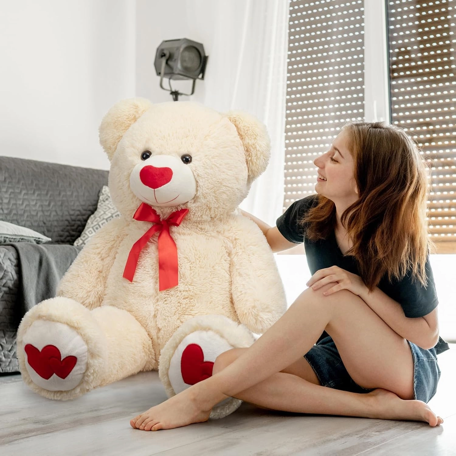 HollyHOME Big Teddy Bear Stuffed Animal Large Bear Plush with Red Heart for Girlfriend and Kids Holiday Toy Gift 36 inch Beige