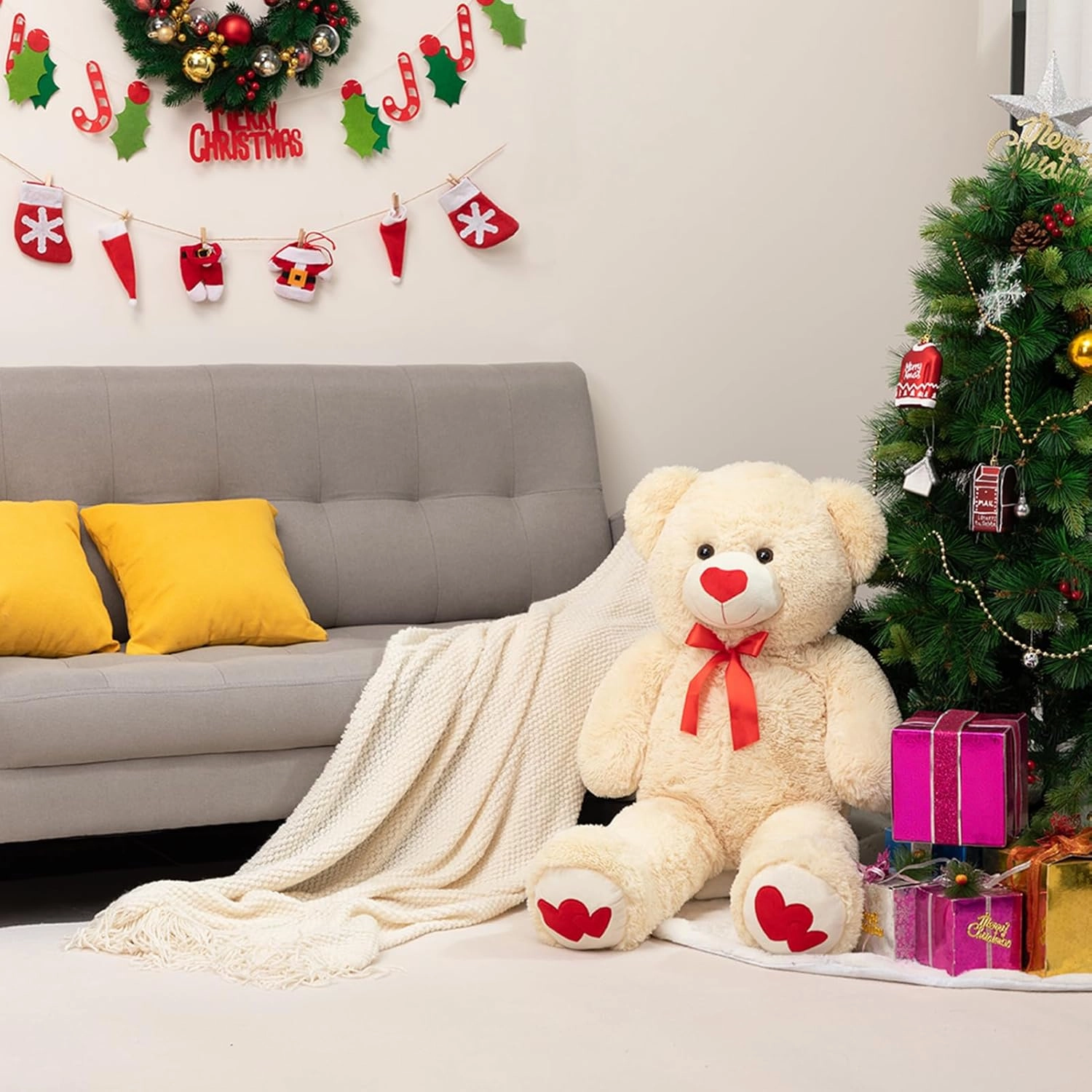 HollyHOME Big Teddy Bear Stuffed Animal Large Bear Plush with Red Heart for Girlfriend and Kids Holiday Toy Gift 36 inch Beige