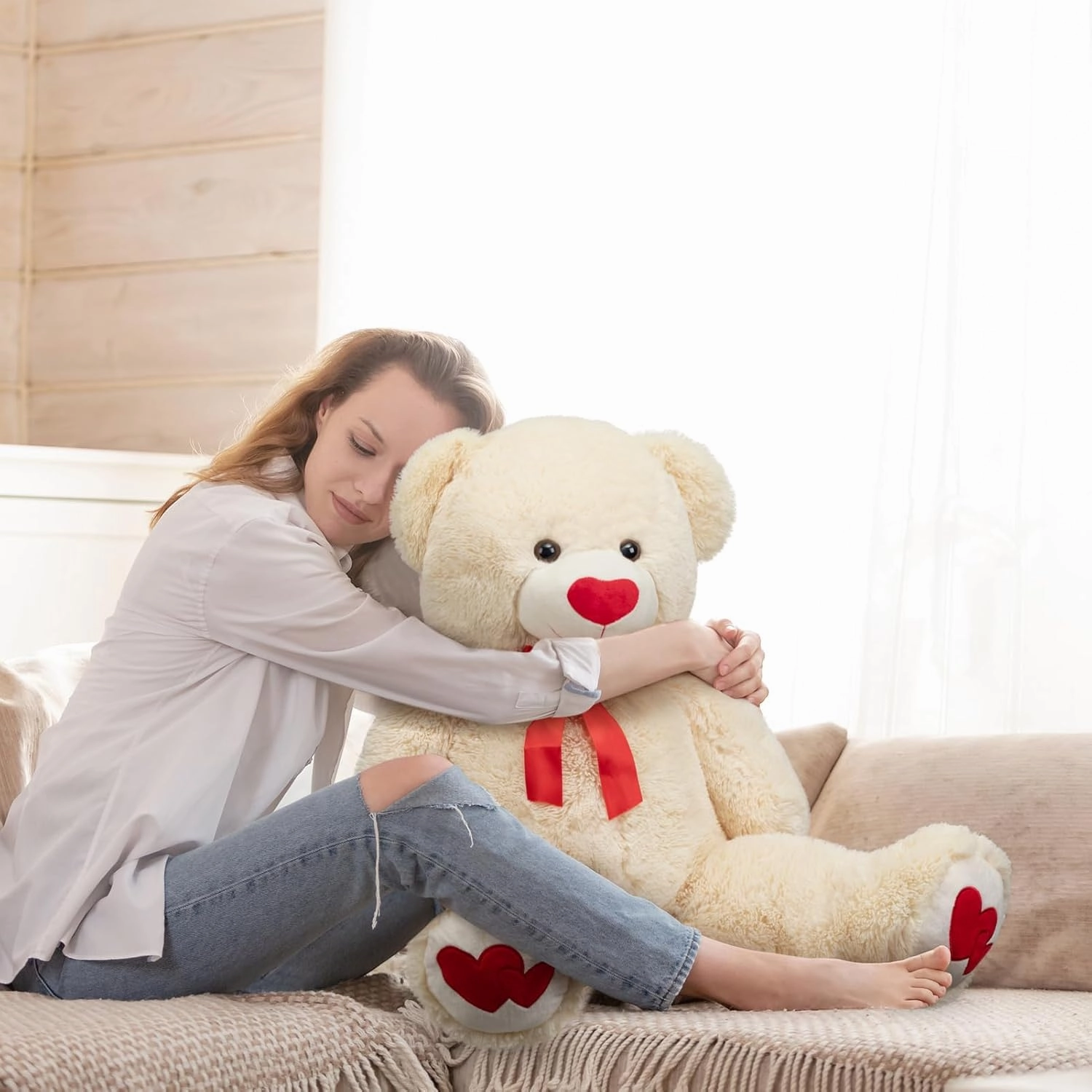 HollyHOME Big Teddy Bear Stuffed Animal Large Bear Plush with Red Heart for Girlfriend and Kids Holiday Toy Gift 36 inch Beige