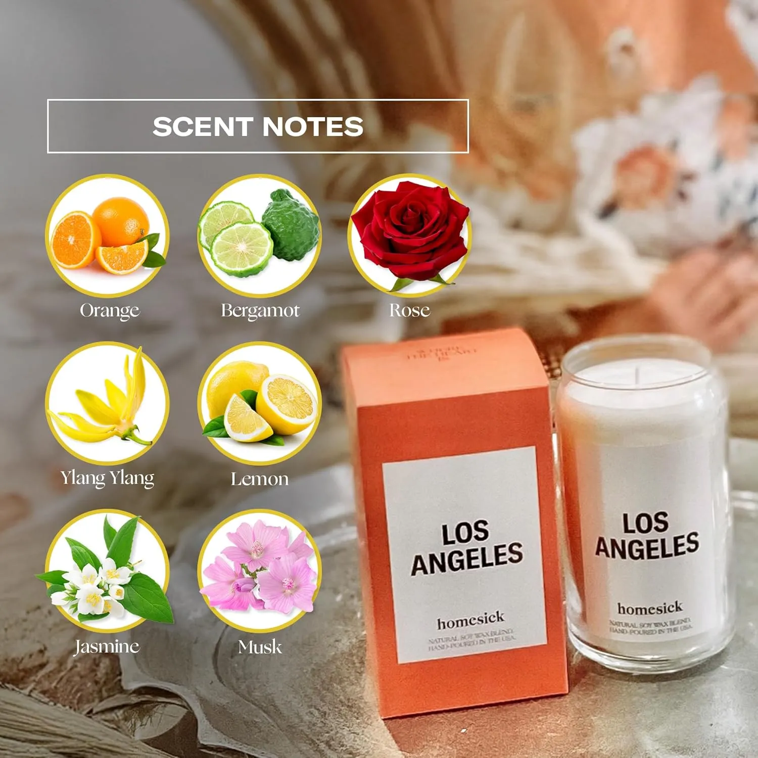 Homesick Scented Candles for Home (Los Angeles) - 13.75 oz Long-Lasting Soy Wax Jar Candle for Women & Men for All Occasions, 60-80 Hours Burn Time - Notes of Orange, Bergamot & Rose