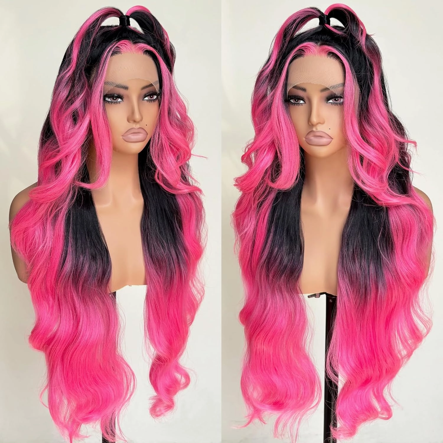 Hot Pink stripe Lace Front Wig Synthetic Wig Black and Hot Pink Highlight Body Wave HD Lace Frontal Glueless Pre Plucked Bleached Knots Skunk Stripe 30 Inch
