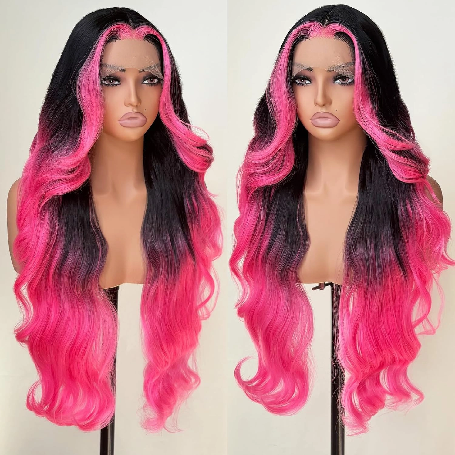 Hot Pink stripe Lace Front Wig Synthetic Wig Black and Hot Pink Highlight Body Wave HD Lace Frontal Glueless Pre Plucked Bleached Knots Skunk Stripe 30 Inch