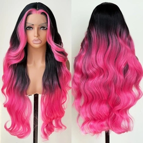 Hot Pink stripe Lace Front Wig Synthetic Wig Black and Hot Pink Highlight Body Wave HD Lace Frontal Glueless Pre Plucked Bleached Knots Skunk Stripe 30 Inch