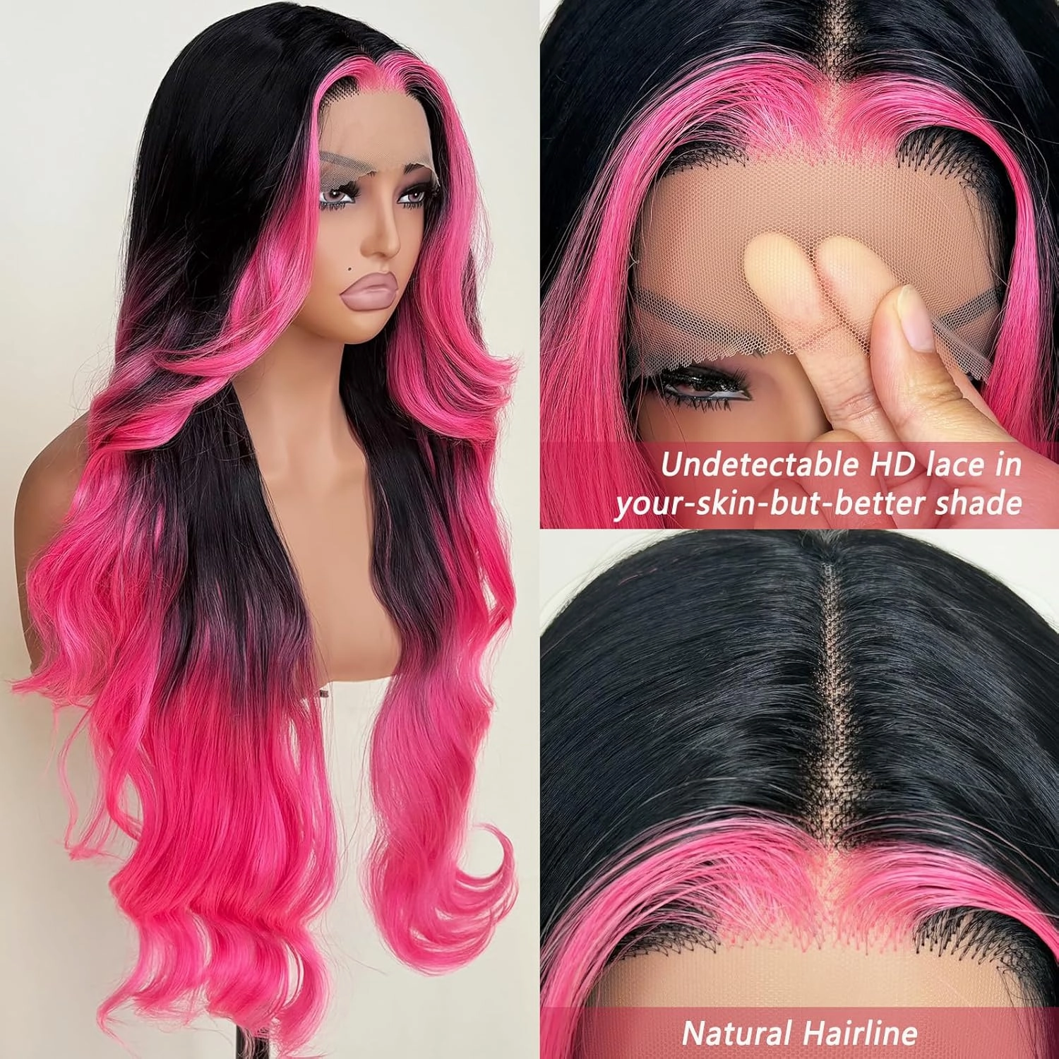 Hot Pink stripe Lace Front Wig Synthetic Wig Black and Hot Pink Highlight Body Wave HD Lace Frontal Glueless Pre Plucked Bleached Knots Skunk Stripe 30 Inch