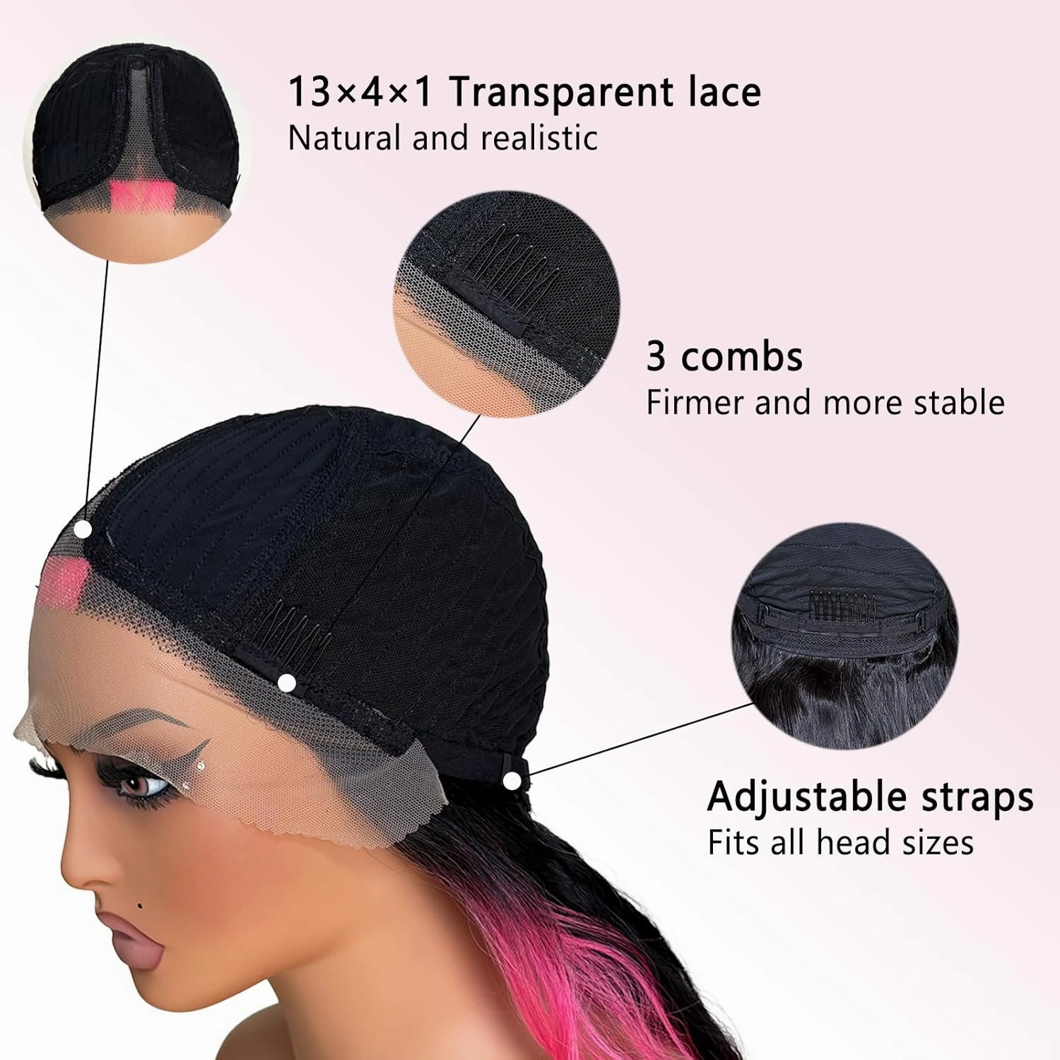 Hot Pink stripe Lace Front Wig Synthetic Wig Black and Hot Pink Highlight Body Wave HD Lace Frontal Glueless Pre Plucked Bleached Knots Skunk Stripe 30 Inch